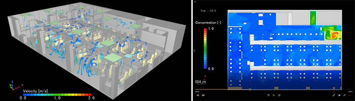 店舗を3Dモデル化して気流や飛沫をシミュレーションして可視化